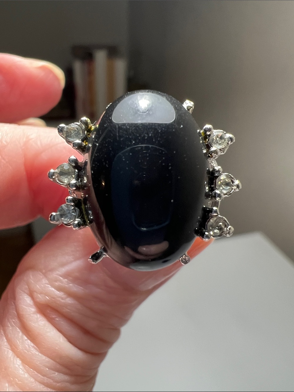 Beautiful Black Stone and Rhinestones in a 925 Sterling Silver Ring - Heirloom